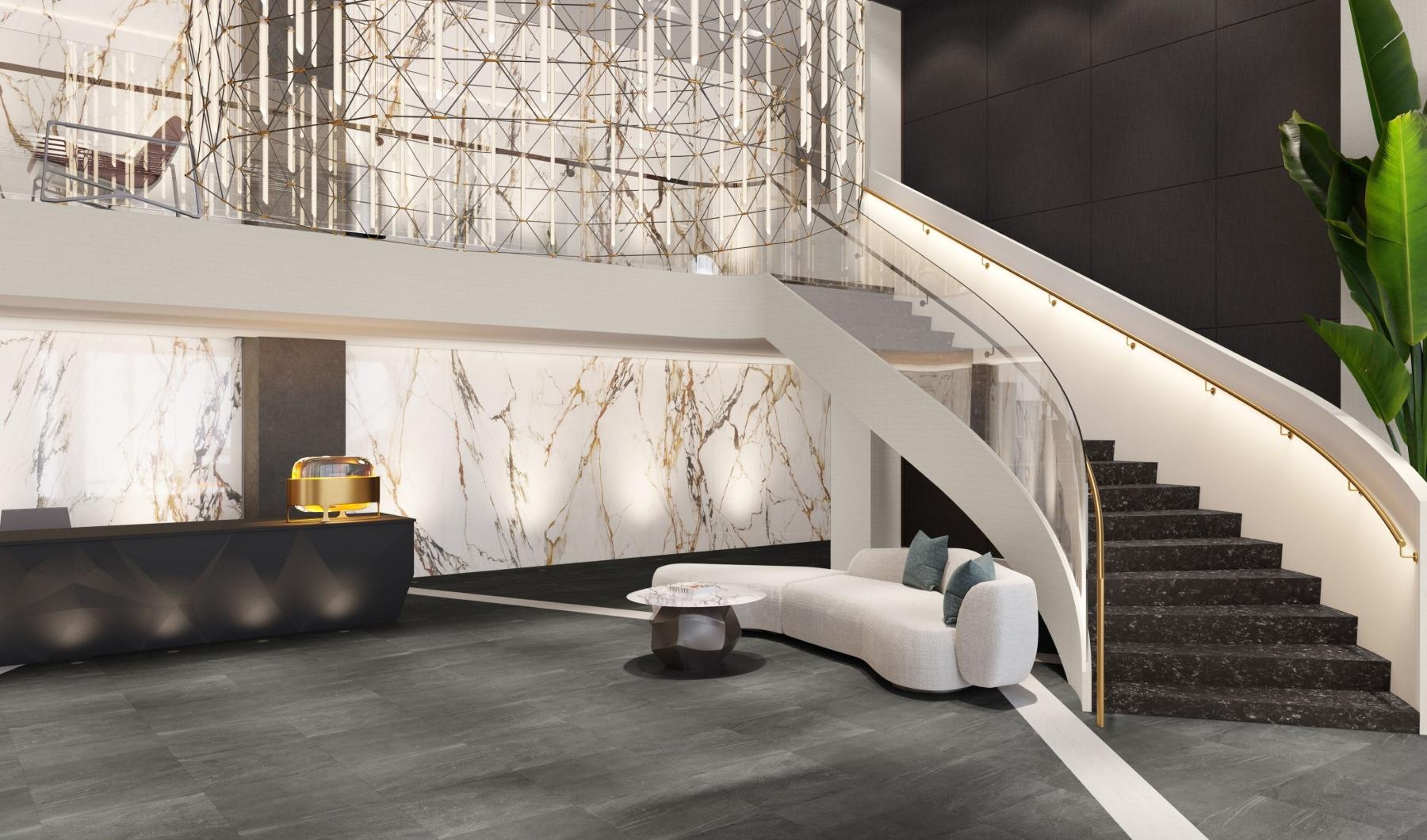 Settle into comfort at J. Rivelle a staircase with a white wall
