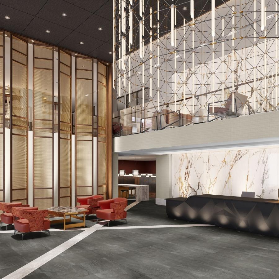 lobby with seating and light fixture What are the best Arlington VA luxury apartments with river view J.Rivelle Rosslyn 